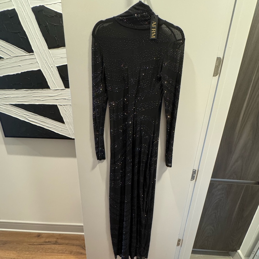 AFRM Rowan Striped Rhinestone Dress Hematite Noir Size Medium BNWT